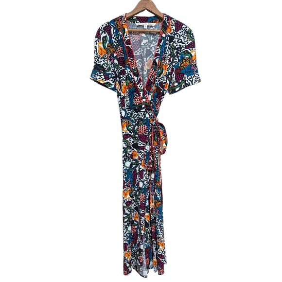 Veronica Beard Colorful Floral Serena Midi Short Sleeve Wrap Dress 0 - Picture 3 of 6